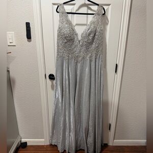 Silver Beaded V-Neck Evening Dress